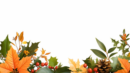 Autumnal Leaf and Berry Border on White Background
