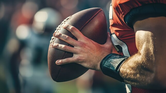 A quarterbacks strong hand gripping the football, veins visible as he prepares to throw with perfect form