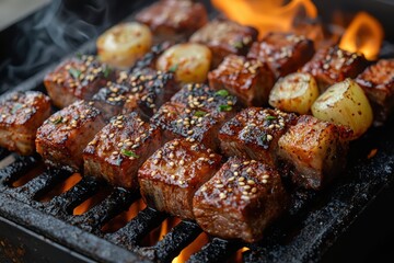 Sizzling korean bbq short ribs galbi urban grill food photography nighttime ambiance close-up flavorful experience