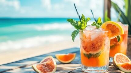 a cocktail at the beach with the ocean in the background,
