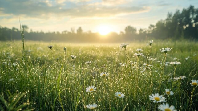 Fresh green meadow with dew-covered grass, wildflowers, and a soft morning mist