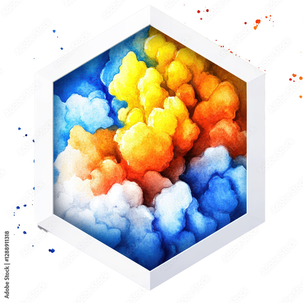 Poster hexagon shape filled with vibrant colorful clouds on a solid background isolated on transparent back
