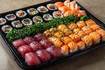 Fresh sushi platter featuring toro uni and salmon delicacies in a gourmet setting