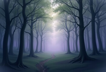 Fototapeta premium Misty Forest Path with Sunlight and Fog Creating a Mystical Atmosphere
