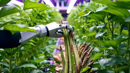 Robotic arms harvesting fresh asparagus in a lush indoor farm environment