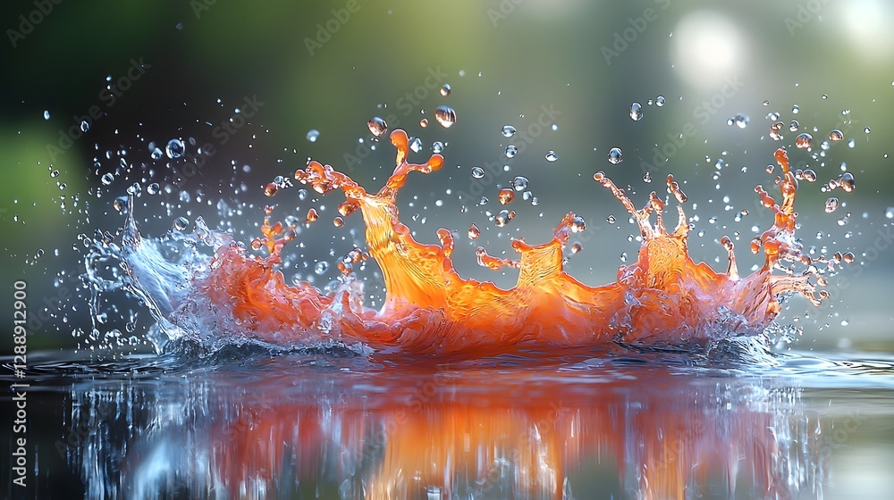 Poster vibrant orange splash in calm water creating dynamic ripples