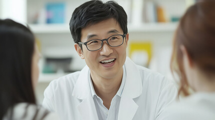 Smiling healthcare professional in lab coat interacts with patients in bright modern doctor office