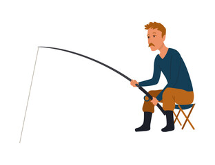 Cartoon men fishing. Male fishermen character with fishing rods on lake, summer catching process, men hobby recreation, leisure time, vector