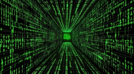 Futuristic Digital Corridor with Green Binary Code and Matrix Effect