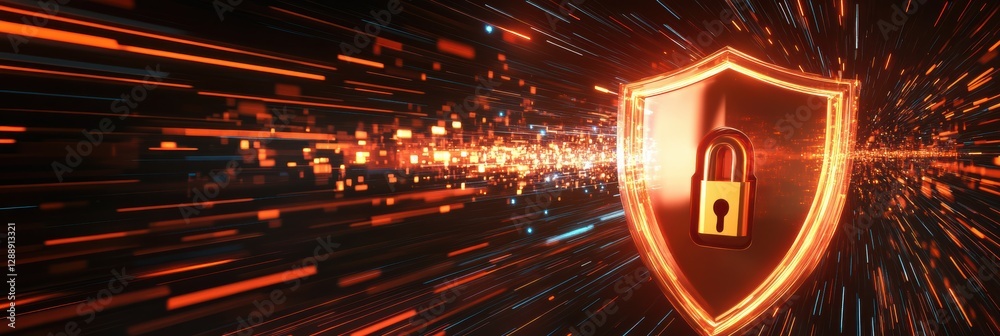 Poster digital code flows through a shield with a lock representing cybersecurity protection