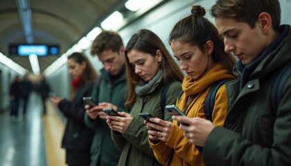 Obraz premium Group of young people use smartphones in subway station. Wait for train, read messages from social media. Modern urban lifestyle, public transport, digital connection, online interaction, social