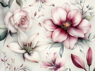 Fototapeta premium Delicate and elegant pattern seamless with various flowers such as roses, magnolias, lilies on pastel color