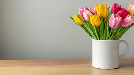 A vibrant bouquet of tulips in a white mug on a wooden table against a neutral wall.