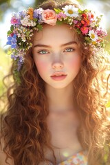Fototapeta premium Young Woman with Curly Hair Wearing a Vibrant Flower Crown Outdoors in Daylight