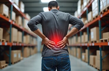 Rear view of man in warehouse suffering from back pain. Male worker holds lower back implying injury from hard manual work, heavy lifting, bad posture at work.
