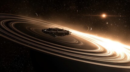 A futuristic space station orbits within the rings of Saturn, absorbing cosmic radiation