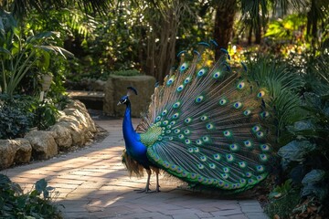Vibrant peacock displaying plumage in lush garden setting