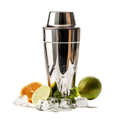 Stainless Steel Cocktail Shaker with Ice and Lime Isolated on Transparent Background
