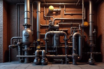 Fototapeta premium Industrial Pipes and Machinery on Brick Wall Background