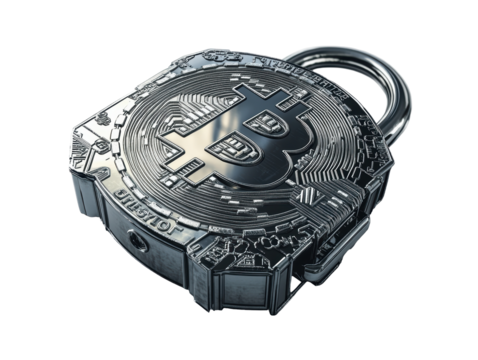 Isolated Modern Silver Padlock Etched with a Bitcoin Circuit Pattern