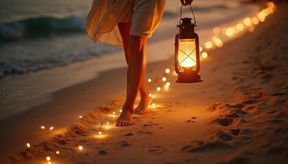 Person walks barefoot on beach sand at dusk holding lantern near sea. Light illuminates path. Calm scenic night, spiritual journey, solitude, faith concept. Guidance in darkness.