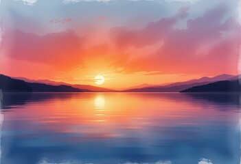 Obraz premium Vibrant Sunset Over Lake with Reflection and Clouds in Sky