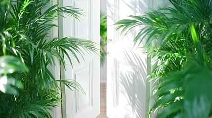 Bright Interior Entrance with Open Doors Surrounded by Lush Green Plants and Sunlight