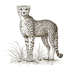 Predator cheetah, hand-drawn in black sketch, antique style, vintage art, wildlife, fast animal, trendy engraving vector print, white background.