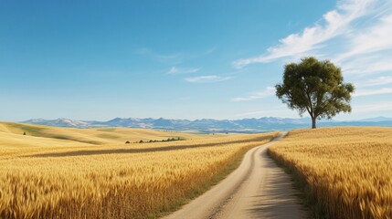 Fototapeta premium Expansive Rural Landscape with Golden Fields and a Serene Country Road