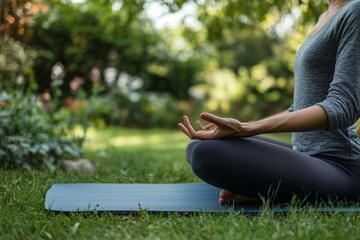 Young caucasian female meditating outdoors in nature on yoga mat