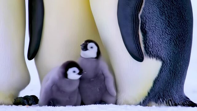 Two emperor penguins shelter their fluffy gray chicks under their warm bodies, providing protection from the harsh Antarctic cold.