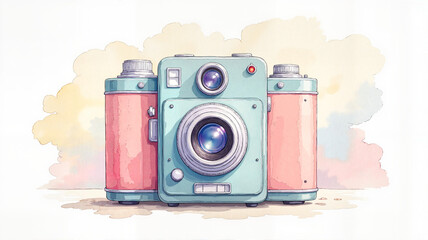 Vintage watercolor camera in pastel colors. Clipart for blogs, websites, scrapbooking, invitations, cards, stationery design, and photography themes.