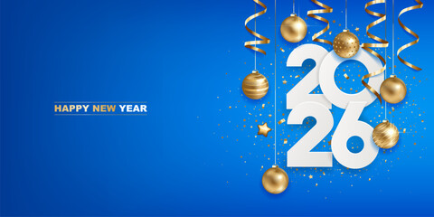 Happy new year 2026. White paper numbers with golden Christmas decoration and confetti on a blue background. Holiday greeting card design.