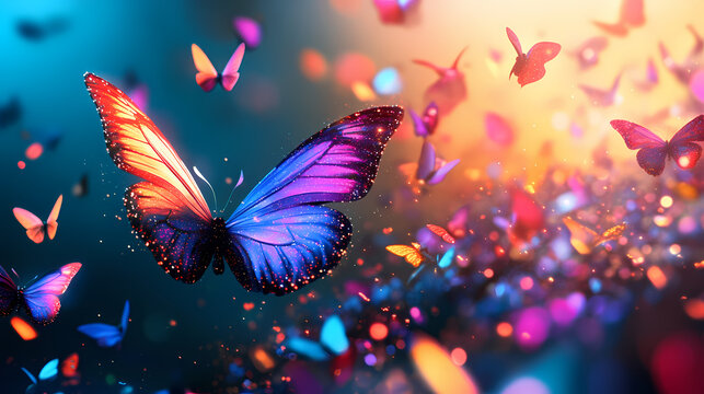 Iridescent butterfly of flowing digital data fluttering in glowing abstract landscape. Iridescent Butterfly Swarm. Illustration