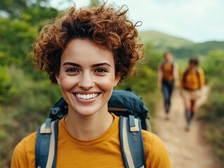 Hiking adventure smiles scenic trail portrait photography lush environment close-up joyful exploration
