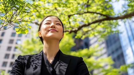 Asian woman in suit enjoying nature embrace finding peace amidst urban landscape Serenity found outdoors