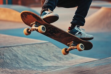 Young male skateboarder performing trick in urban skatepark