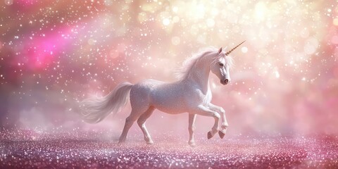 Glittery unicorn fantasy backdrop with shimmering fairy lights and a pink haze.