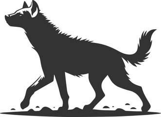 A hyena walking along a dirt path, tail swaying vector animal silhouette