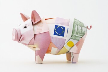 Artfully crafted piggy bank made from European currency symbolizes savings and financial planning in a creative way