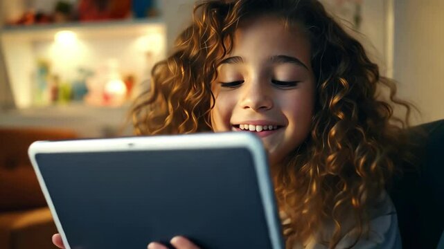 Charming curly girl smiles happily with a tablet in her hands in a cozy living room with warm light. Gadgets in games and education of children.