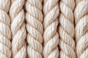 Handcrafted cream-colored yarn laid out in thick twisted strands ready for knitting or crochet projects in a cozy craft studio space