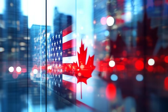 Blurred cityscape with united states and canada flags reflection