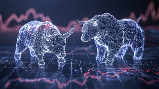 Digital representation of bull and bear market symbols on stock trading background with data analysis charts
