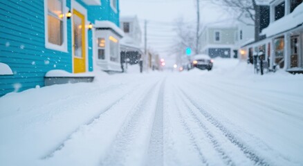 Snow covers a quiet street lined with colorful houses during a winter storm in a small coastal town at dusk