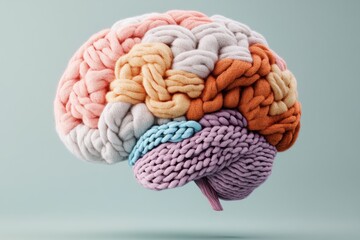 Colorful textile representation of a human brain showcasing intricate patterns and textures in a soft display against a muted backdrop