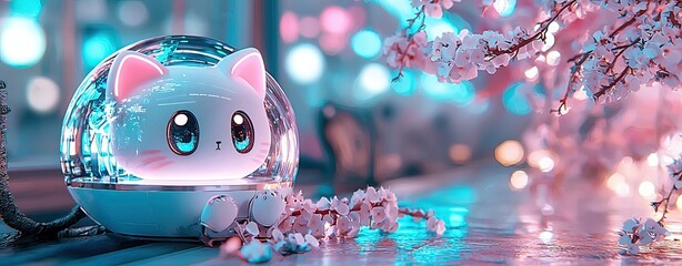 Fototapeta premium Minimalist Sustainable Eco-Friendly Green Urban Living, Cute Chibi Cat in Pastel Artwork Surrounded by Blossoms and Soft Lights, AI Generated