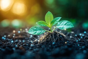 New plant growing in fertile soil with digital connections and sunlight illuminating the environment