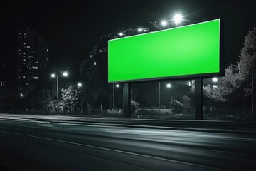 Innovative advertising layout featuring a blank green billboard at night