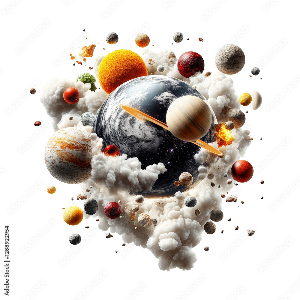 Poster group of colorful planets floating in a cosmic space environment with stars and nebula in the backgr